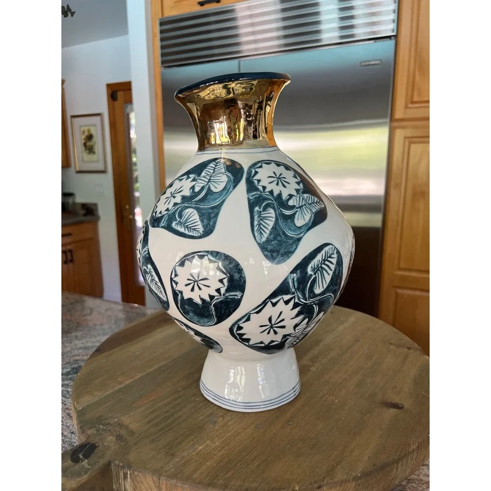 Ruan Hoffmann Anthropologie Dreambirds Wide Vase Navy Gold 14